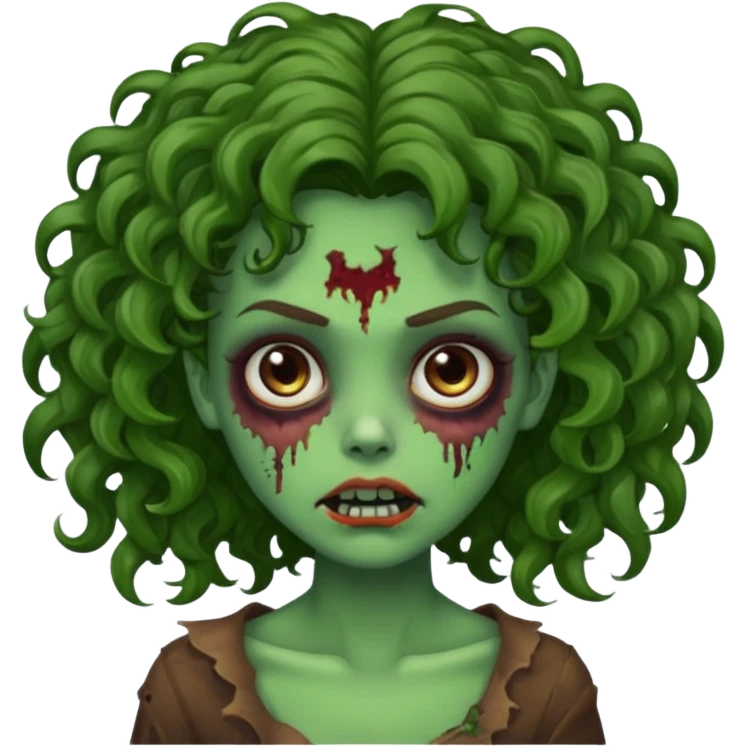 Faça uma garota zombie de cabelo cacheado castanho, olhos castanhos escuro e pele verde d zombie, com o cabelo grande emoji