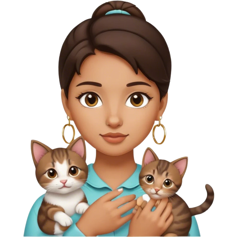 brunette girl with hoop earrings holding a kitten  emoji