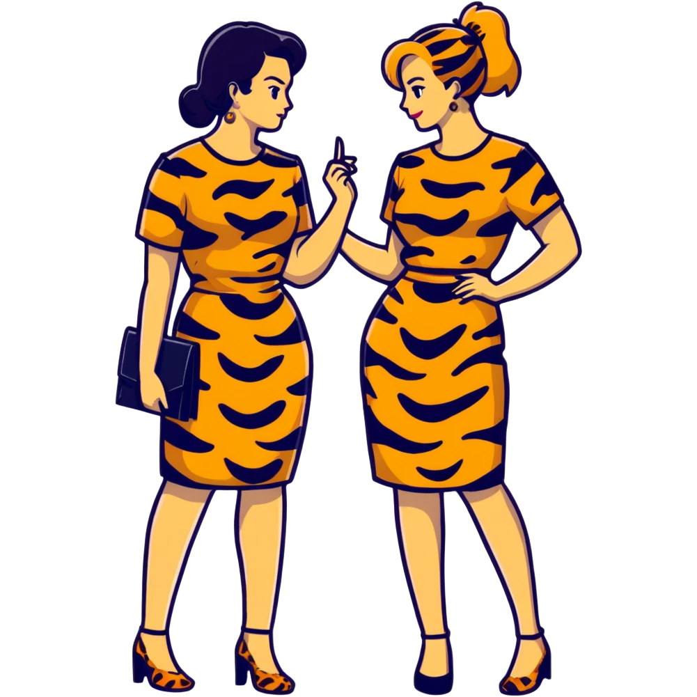 Two women chatting, dressed in leopard print and tiger print dresses emoji
