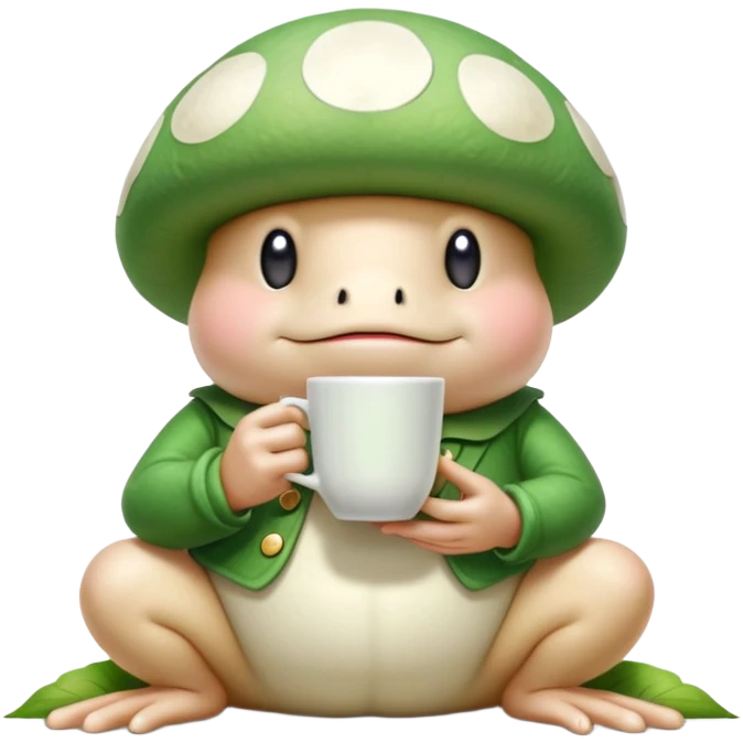Mushroom person (Toad from Mario games) drinks a cup of green tea while he is waiting for Princess Peach Toadstool being done with her meeting with other toads on zoom call about something emoji