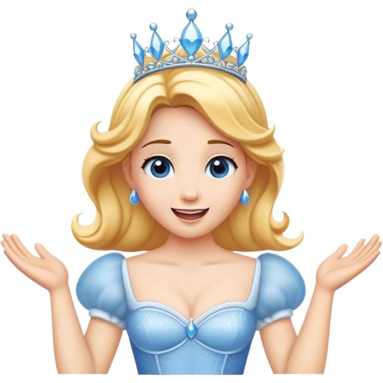 Cinematic Playful Cinderella Portrait Emoji, Blushing with excitement, hands clasped near her heart, eyes wide with anticipation, her tiara slightly askew from an unexpected twirl, a radiant princess caught in a moment of joy, utterly captivating! emoji