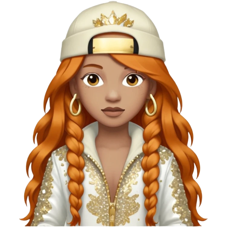 Ice Spice, Rapper (b.2000) with long ginger hair, ivory tour sequin outfit emoji