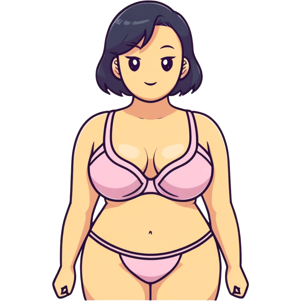 anime style woman with exaggerated proportions, large chest, wearing a bra emoji