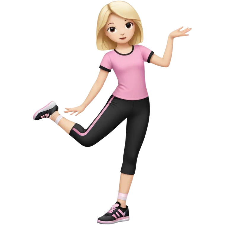 Hiphop dancer, with cute big pants, sneakers, and t-shirt. White girl blond. Coloufull shirt. No pocket pants. Dancing. Pink and black plain outfit. No sweatbands on the wrist, black music box behind her. Ballerina pose. The third on is amazing. With nothing on the shirt emoji