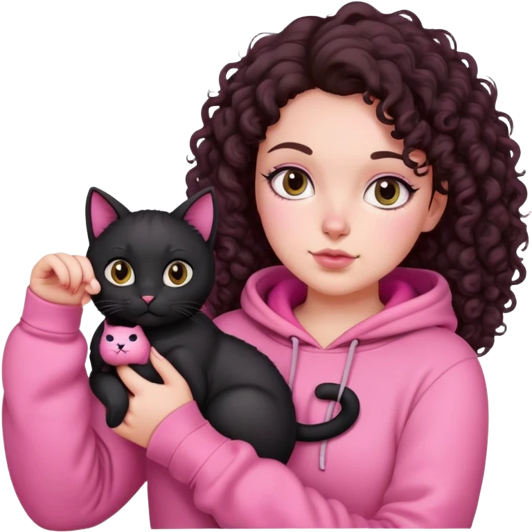 white skin curvy girl with dark brown curly hair in pink hoodie with black cat on her hand emoji