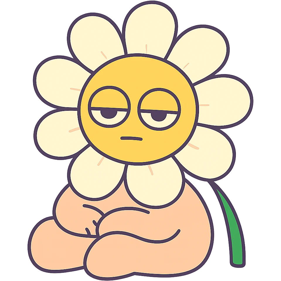 creamy white daisy flower with sleepy half-lidded eyes, sitting down with a blank stare, extremely soft round pastel character, pastel-toon style emoji