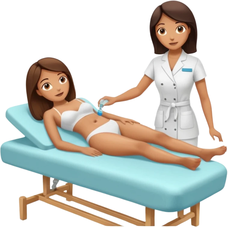 Emoji of a woman lying down on a spa bed while another woman in spa uniform applies a cavitation fat-burning treatment on her abdomen,  emoji