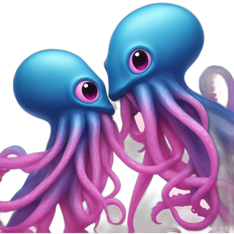 a blue kraken kissing an another pink kraken emoji