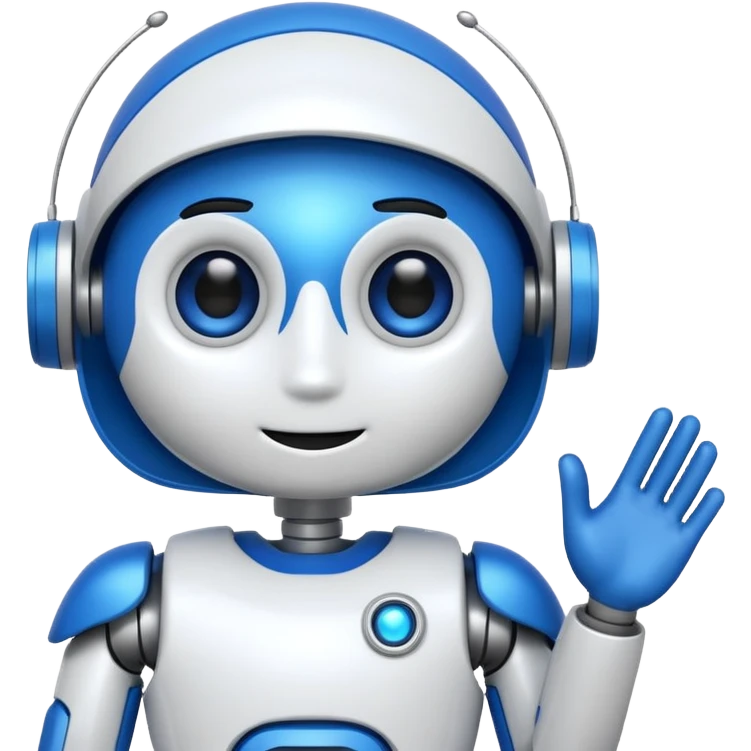 robo azul e branco sorrindo e piscando com um olho só, fazendo um sinal de posito com uma das mãos emoji
