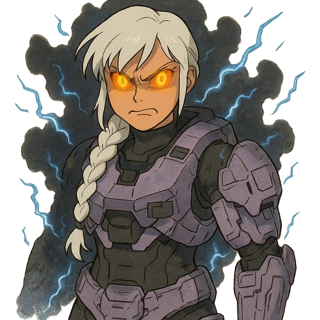 female, wearing reach spartan armor shoulder-unequip, long white braid hair with massive messy front side single bangs, gold yellow eyes, attention pose, D-cup size, HALO:series, no helmet, the armor is lavender color scheme, eyes glowing, demon eye, gleam, rage aura, body steaming dark gray, blue electricity, mouth clowed scowling emoji