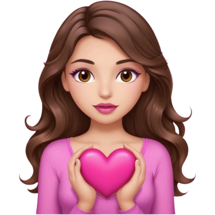 girl with long wavy brown hair, brown eyes, long lashes makeup, sexy pink lips, light to medium complexion, wearing a pink sexy top, squeezing a big heart emoji