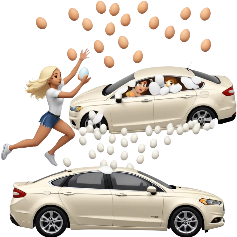 Crimal throwing massive amount of eggs at girl in white ford fusion emoji