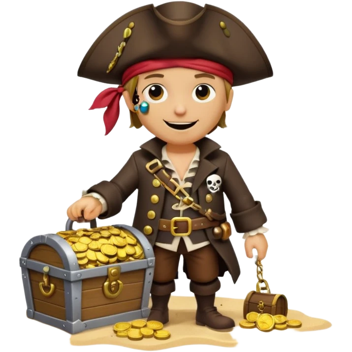 A 3D cartoon pirate character with one eye covered by a black eye patch, holding a treasure chest filled with gold coins and jewels, standing on sandy ground, wearing a pirate hat and coat, warm sunset lighting, realistic Memoji-style rendering. emoji