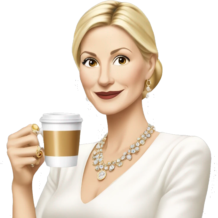Kelly Rutherford with jewellery wearing white drinking cappucino emoji