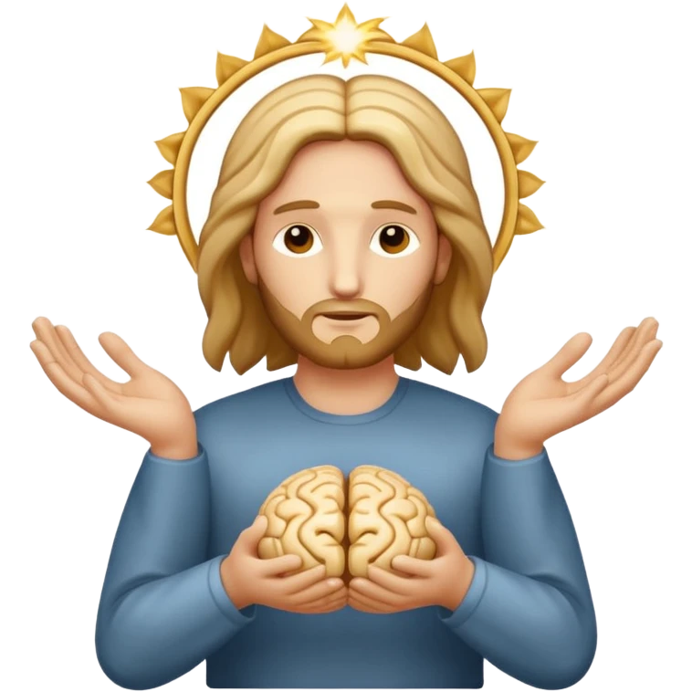 Christ Guardian of Mind, benevolent figure with soft golden glow, hands gently cradling stylized brain or mind symbol, surrounded by peaceful energy, iOS emoji style emoji