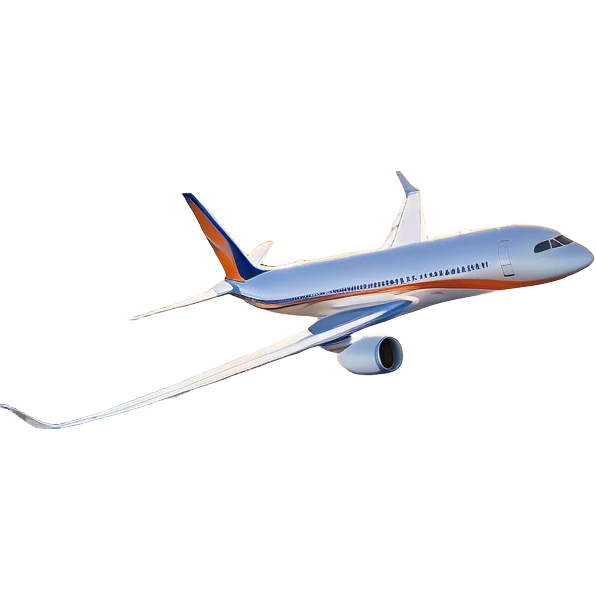 modern airplane soaring through the sky, leaving behind a soft trail of white contrails. The aircraft is flying at high altitude, surrounded by fluffy clouds and illuminated by the golden hues of the setting sun. The sky transitions from deep blue at the top to warm orange near the horizon, creating a breathtaking backdrop. The airplane appears sleek and aerodynamic, with its wings stretching gracefully. The atmosphere conveys a sense of freedom and adventure emoji