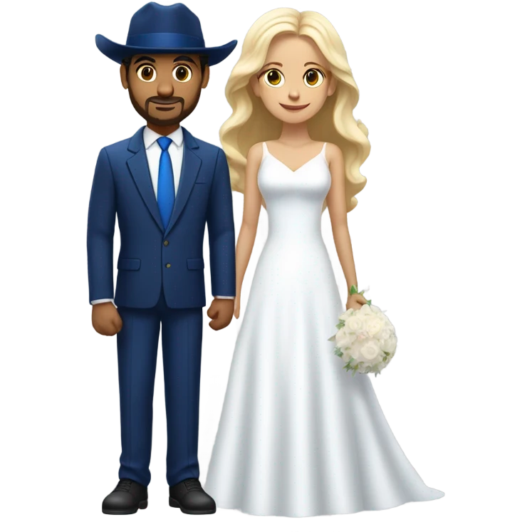 Puerto rican beard short hair with blue hat and navy blue suit getting Married with blond long hair girl with white  wedding dress  emoji