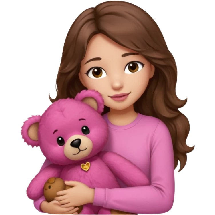 girl with long wavy brown hair, brown eyes, light to medium complexion, in a pink shirt, pink lips, long lashes, hugging a teddy bear emoji