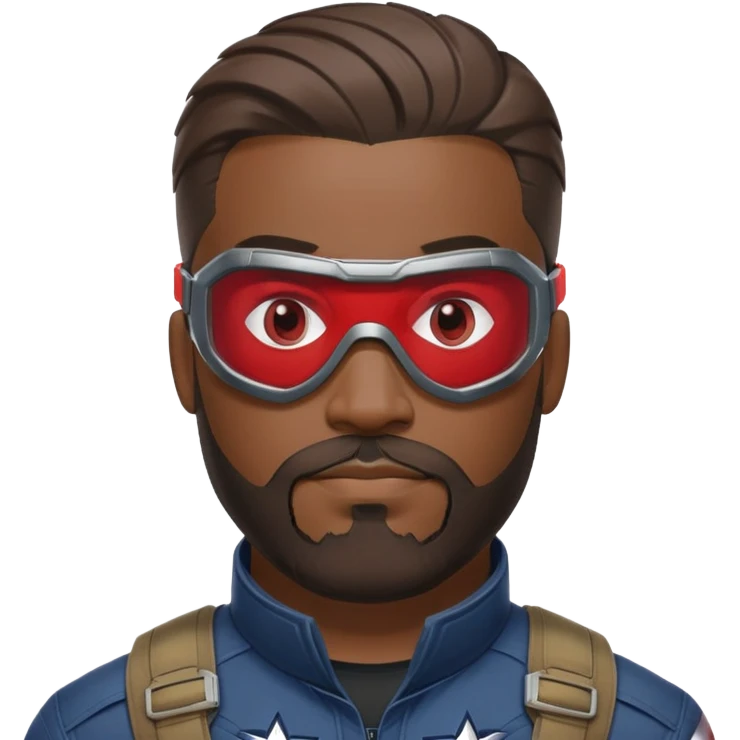sam wilson with a hair close to the scalp and  a well-groomed beard that connects to his mustache,  wear sleek, red-tinted tactical goggles fit snugly from captain america: civil war emoji