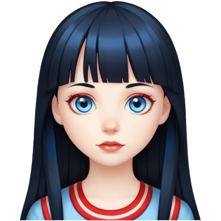 Blue eyes pale girl, long black hair with red striped hair and bangs emoji