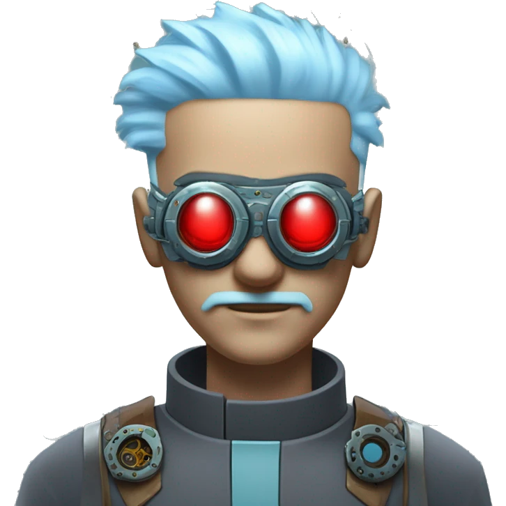  Short light blue haired male cyborg head with light blue beard, red steampunk goggles and circuits emoji