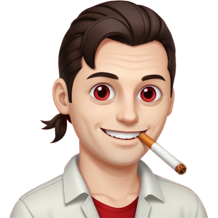 A white man with dark brown hair in a ponytail, oversized bloodshot eyes, grinning, smoking a long roll up emoji