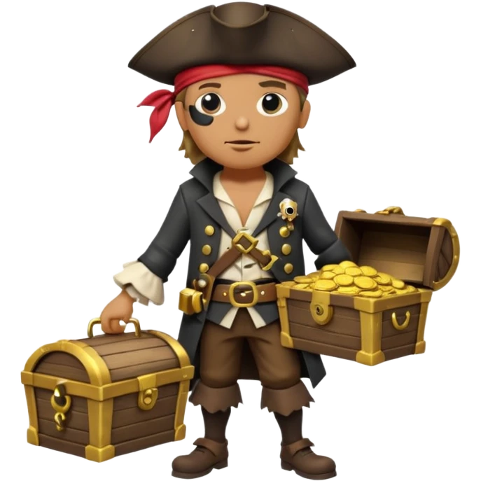 A 3D cartoon pirate character with one eye covered by a black eye patch, holding a treasure chest filled with gold coins and jewels, standing on sandy ground, wearing a pirate hat and coat, warm sunset lighting, realistic Memoji-style rendering. emoji