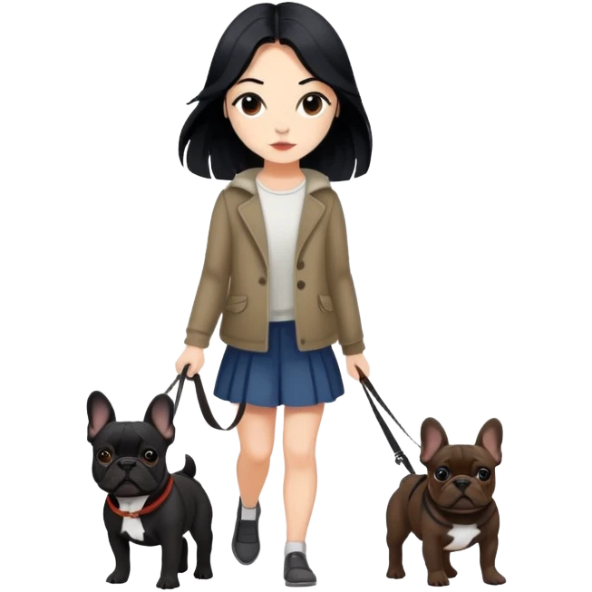 Long black hair - girl walking with dark brown french bulldog  emoji