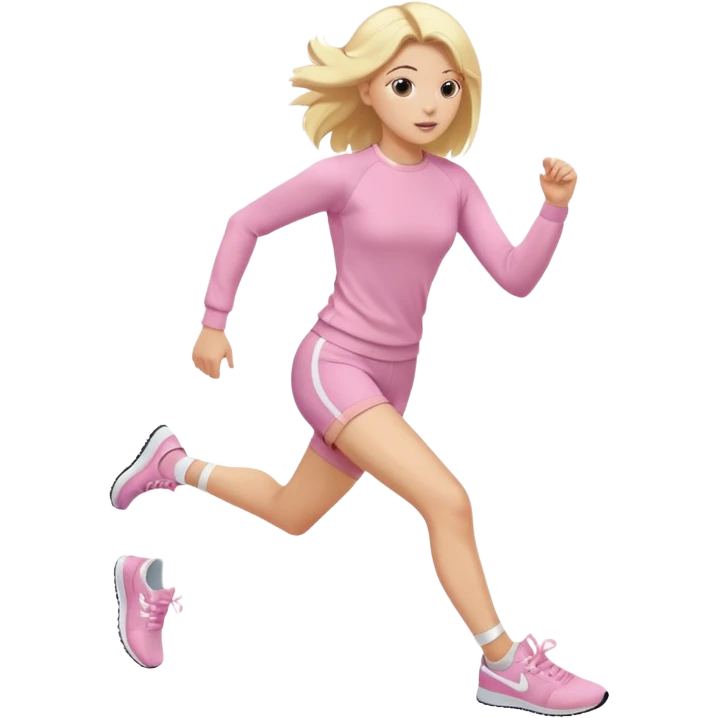 A girl in light pink tight-fitting sportswear, a long-sleeved fitted sweater and shorts is running, her hair is blonde and straight, sneakers are white. emoji