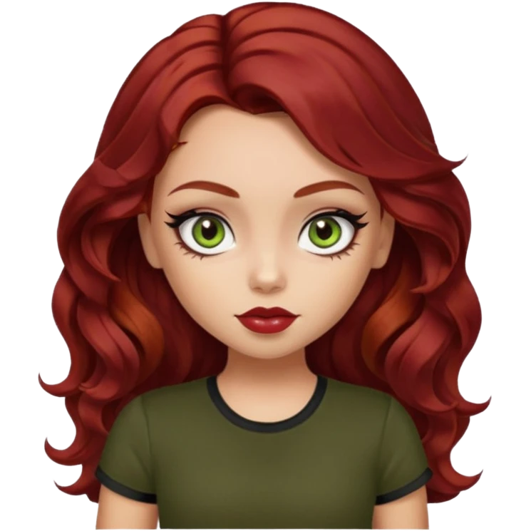 a pretty fair bratz girl with wavy dark red hair, wearing a black tee. eyeliner on, olive green eyes. Waist up emoji