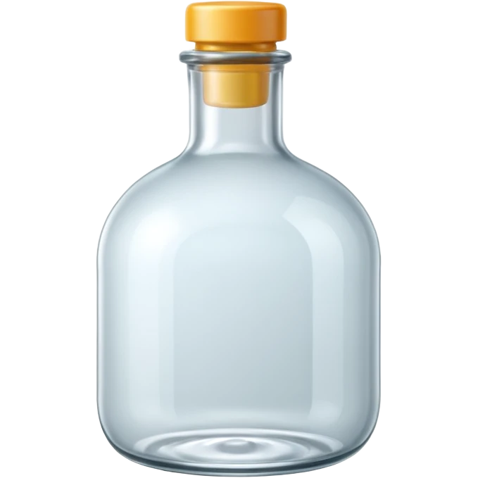 A 3D Apple-style clear glass bottle emoji, completely empty, smooth and shiny transparent surface, simple round body with a short neck and small cap, light reflections on the glass, clean minimal background. emoji