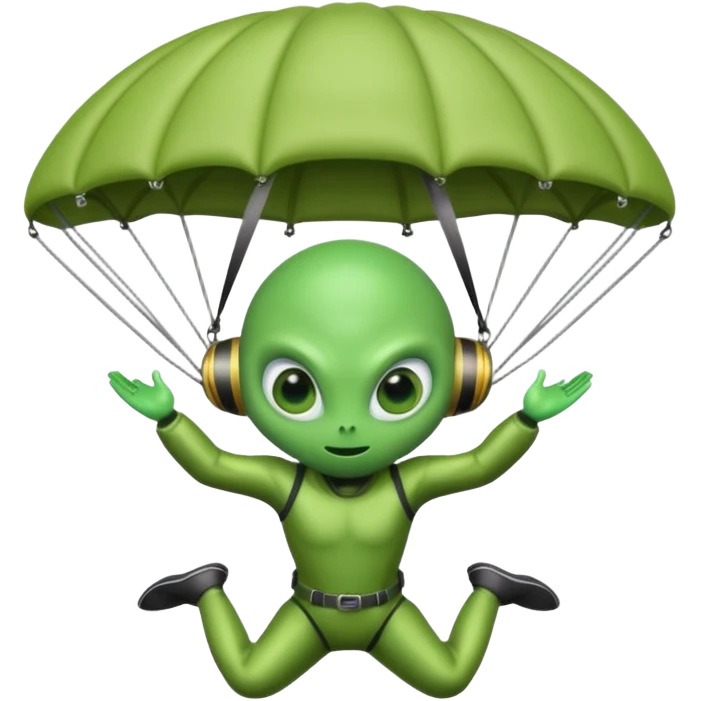 Skydiving alien with parachute and UFO emoji