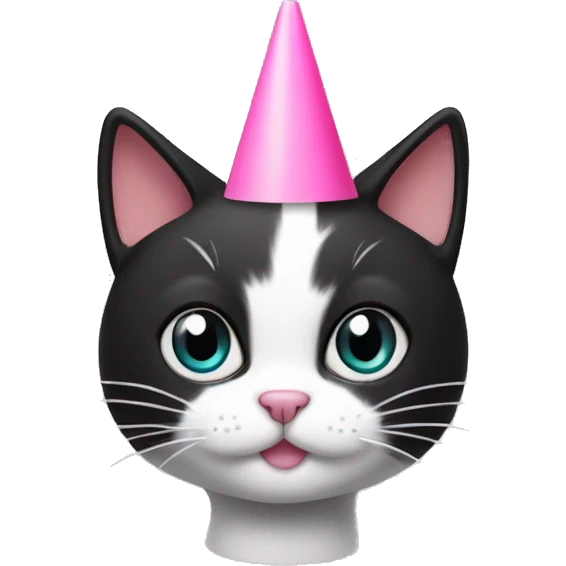 Black and white cat with a pink cone on top of her head emoji