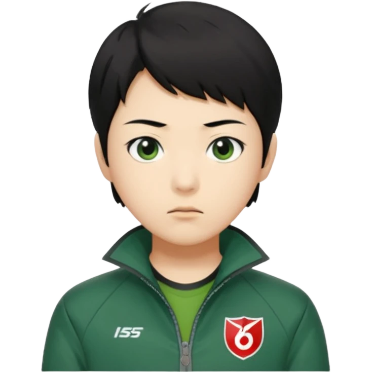 Create a realistic portrait of Kang Sae-byeok (Player 067) with short black hair, green jacket & serious look. emoji