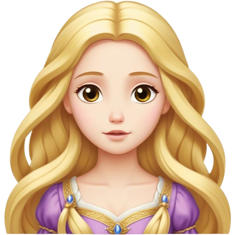 Cinematic Serene Rapunzel Portrait Emoji, rendered in a simplified vector style. Depict a gentle Rapunzel (chest and above) with delicate porcelain skin and long, shimmering golden hair, her expression calm and reflective, dressed in her traditional attire. The image is imbued with a soft, luminous glow and a subtle glowing outline. emoji
