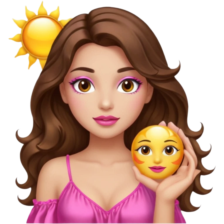 girl with long wavy brown hair, brown eyes, long lashes makeup, sexy pink lips, light to medium complexion, wearing a pink sexy silk top, holding the sun icon  emoji