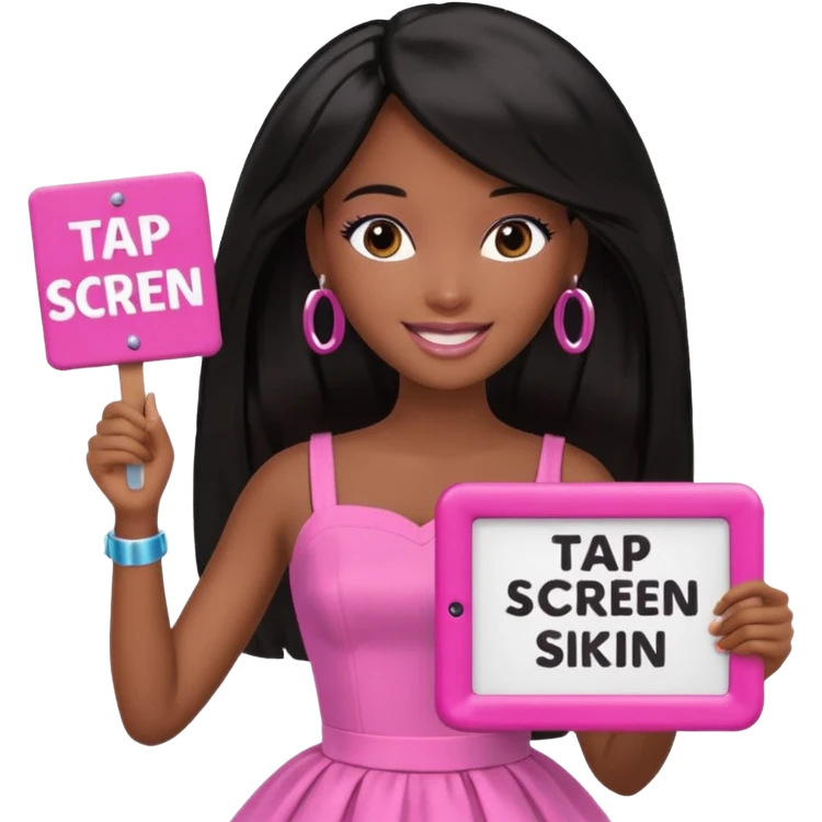 Black barbie, long black  hair, pink dress holding sign, that says "tap screen"  emoji