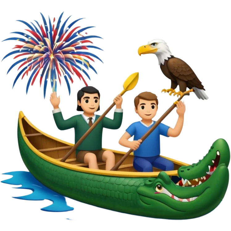 fireworks ridingbin a canoe eith an eagle and a founding father and a crocodile emoji