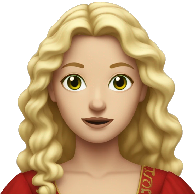 woman with wavy blonde hair, green eyes and red medieval dress  emoji