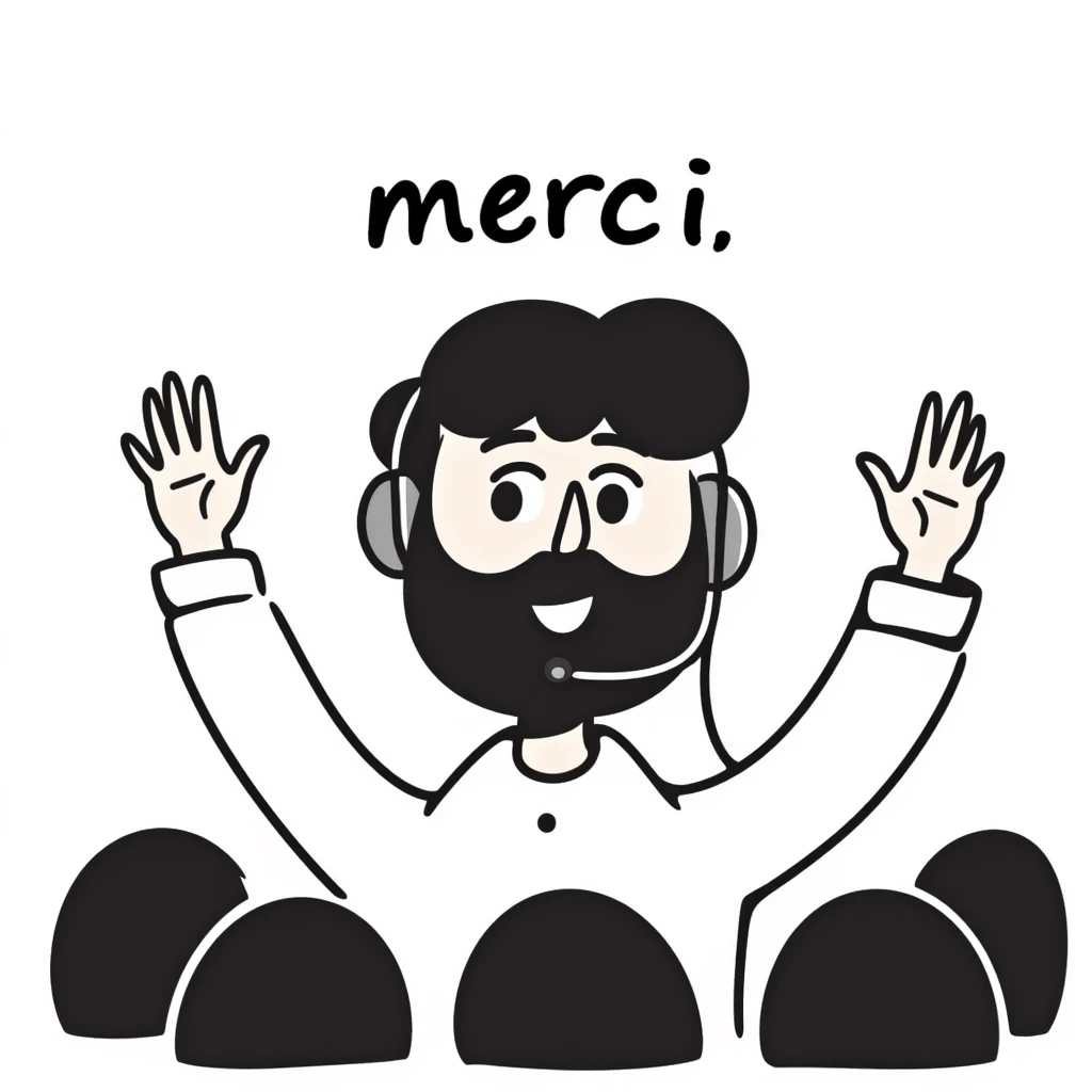 A person with black hair, brown eyes, and a black beard wearing a gaming headset, raising hands saying "merci" to an audience emoji