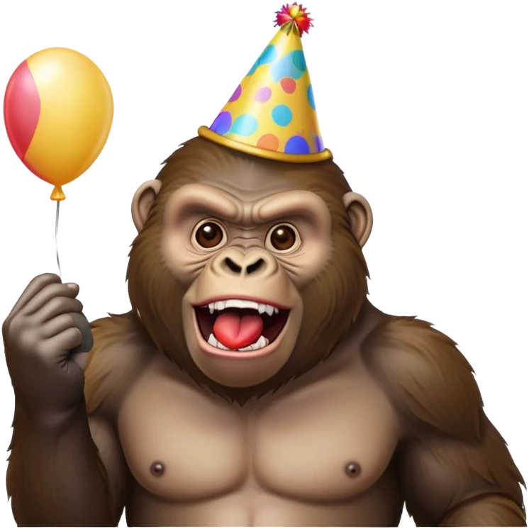 Gorilla with a party hat, and a balloon yelling ￼ emoji
