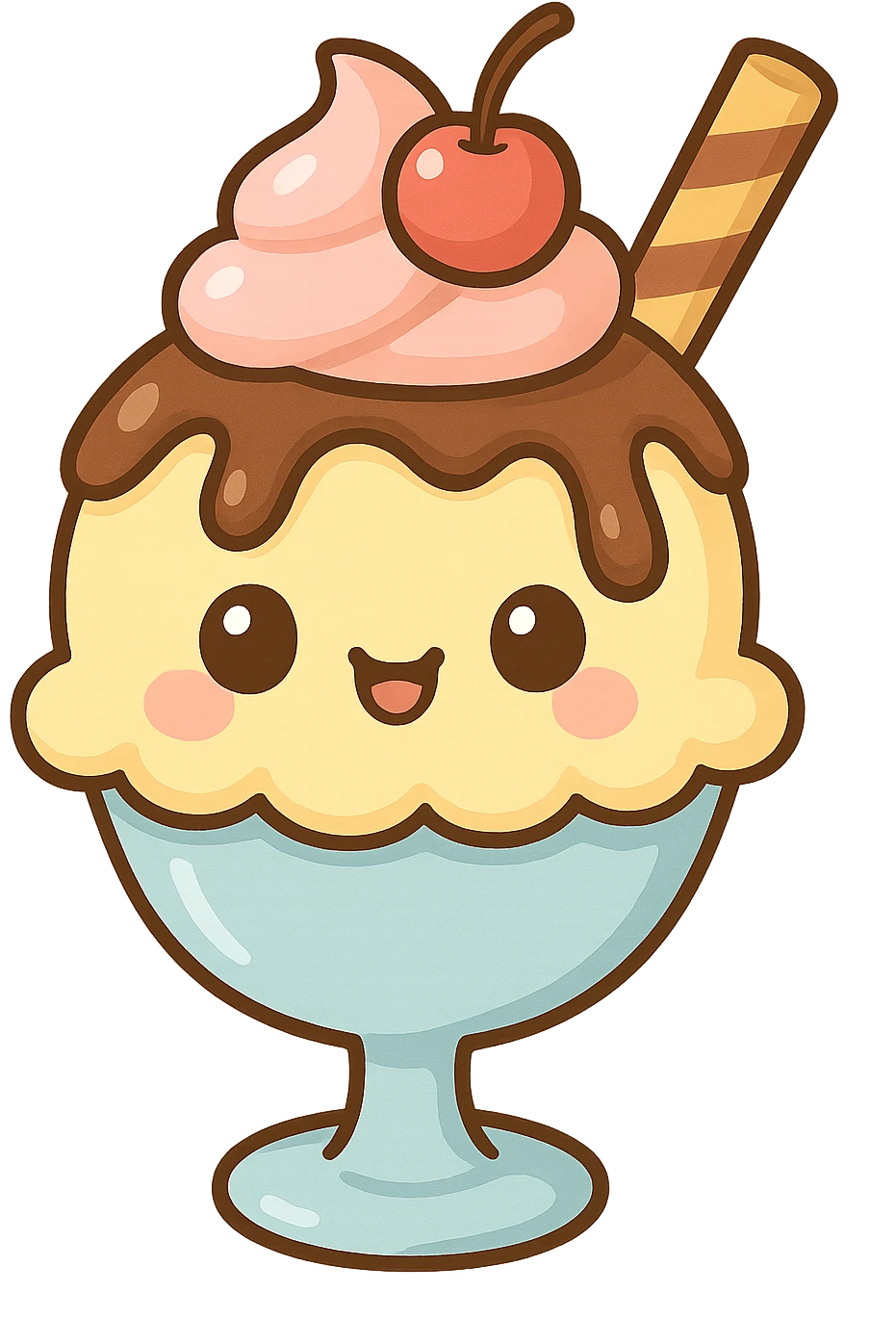 chibi sticker-style ice cream sundae with a smiling face, cute and exaggerated emoji