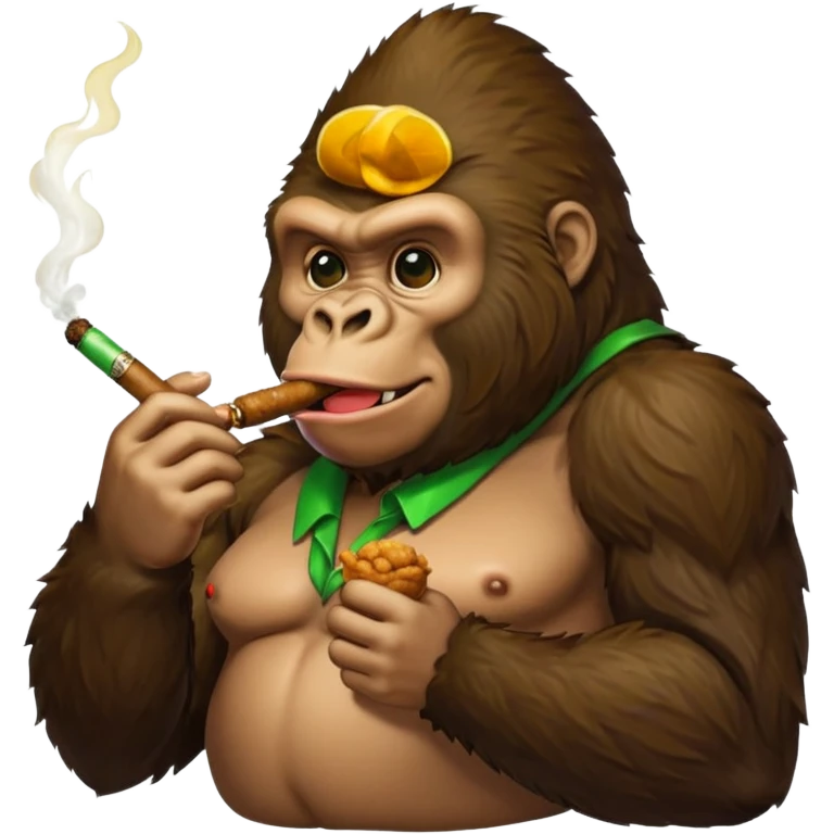 make a gorilla eating fried chicken in one hand and a cigar with green filling inside it in the other hand emoji