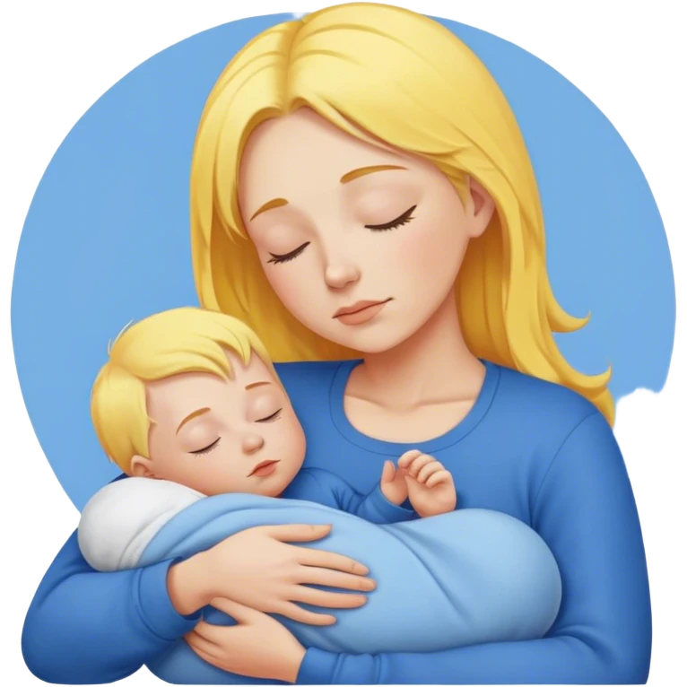 Mother is holding a baby, the mother has yellow hair and pink clothes, the baby is sleeping in blue clothes emoji