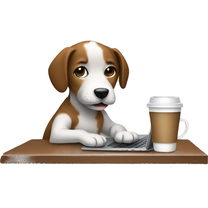 A hip puppy who is developing while drinking coffee in front of a laptop emoji