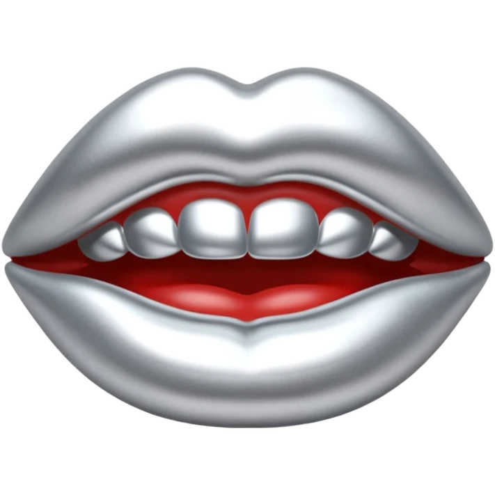 Chrome silver lips emoji, glossy metallic texture, iOS emoji style, smooth reflections, bold but minimal design, centered, silver mouth. all silver emoji