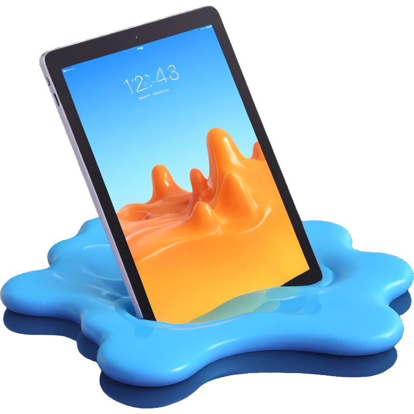 3D surreal iPad floating and melting, inspired by Apple emoji