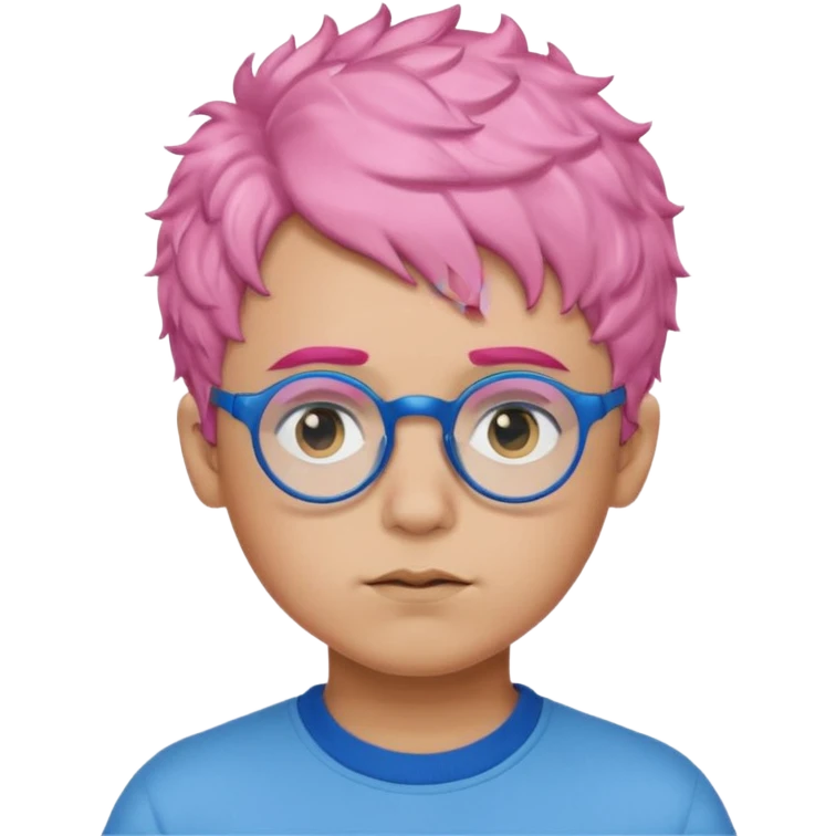 boy with short, curly pink hair, matching blue eyebrows, light brown skin, round black glasses, and a neutral facial expression. emoji