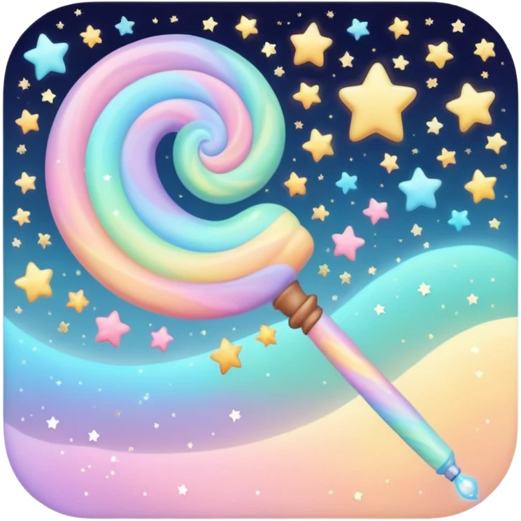 Cinematic cute magical wand, pastel swirls of color, tiny twinkling stars floating around, glowing softly, chubby rounded edges, whimsical and dreamy. emoji