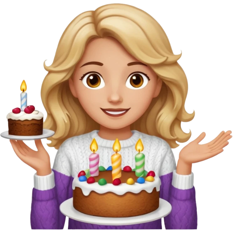A pretty white girl with hazel brown eyes and long brown and blonde wavy hair in a cosy white knit sweater, she is celebrating her birthday and is happy emoji